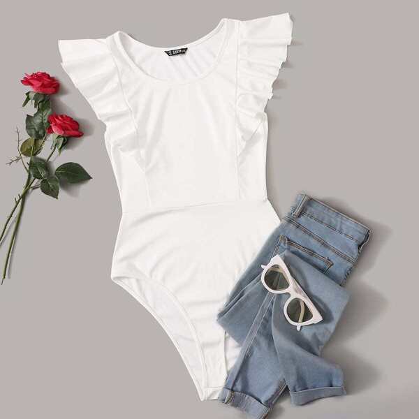 

Plus Solid Ruffle Armhole Bodysuit, White
