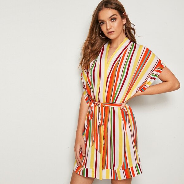 

Batwing Sleeve Self Belted Colorful Striped Kimono Dress