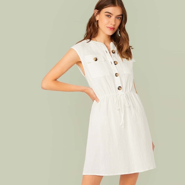 

Buttoned Front Flap Pocket Patched Drawstring Waist Dress