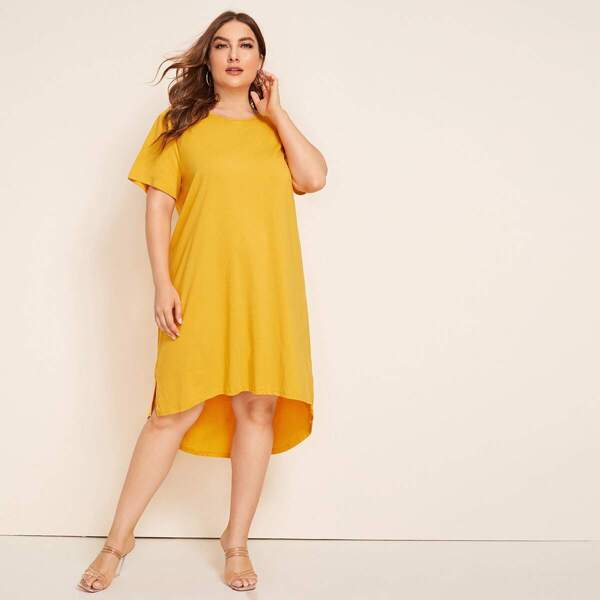 

Plus Solid Split High-low Hem Dress, Yellow
