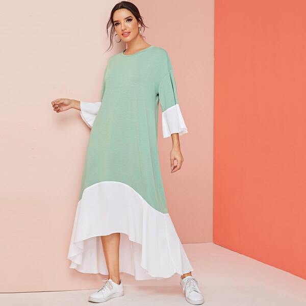 

Drop Shoulder Colorblock Ruffle Trim Tent Dress, Green