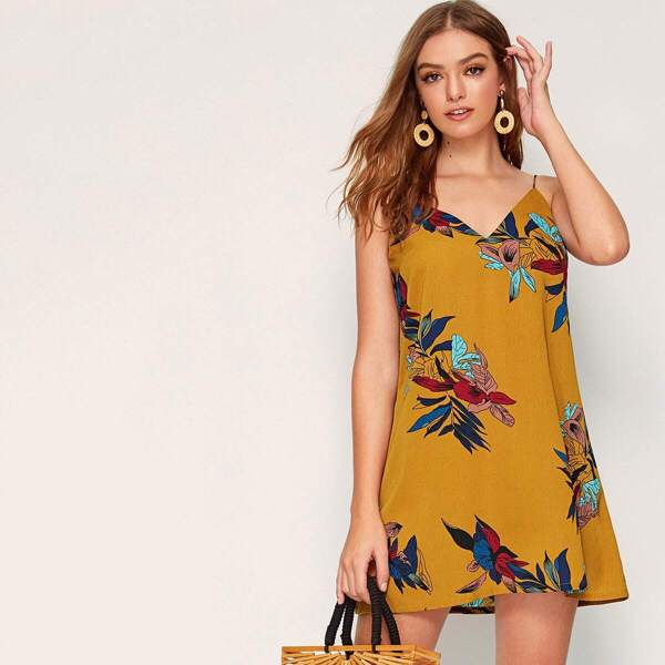 

Double V Neck Floral Print Cami Dress, Yellow