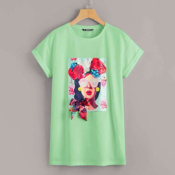

Bow Patched Figure Print Tee Dress