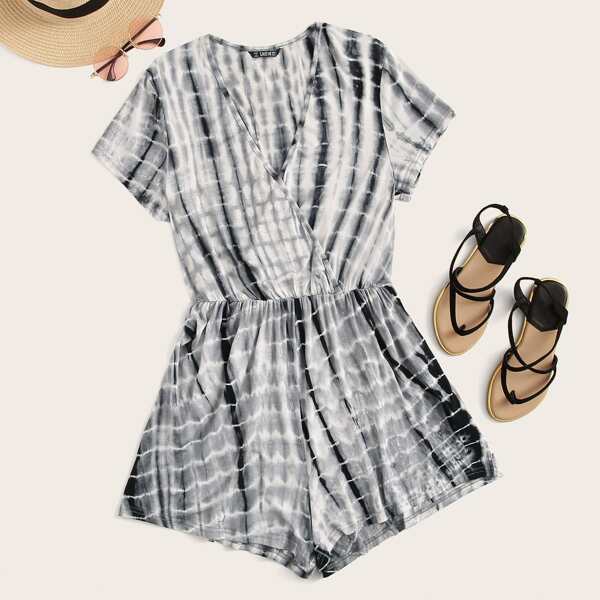 

Surplice Neck Tie Dye Batwing Sleeve Romper