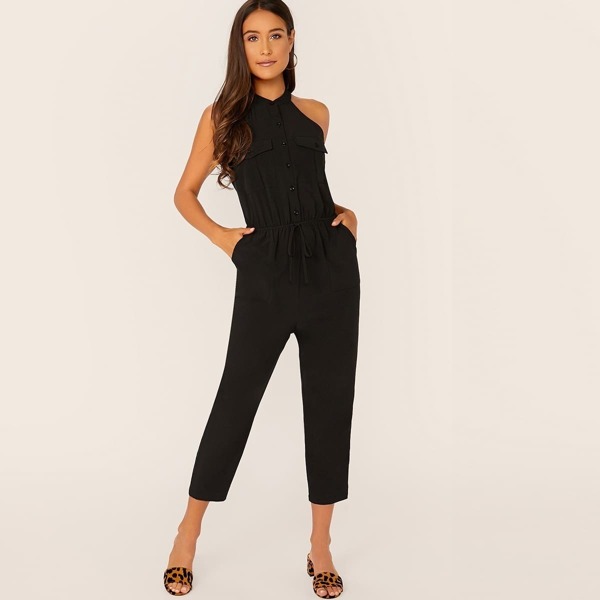 

Buttoned Pocket Patched Drawstring Waist Jumpsuit