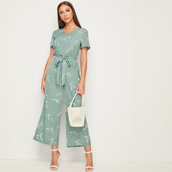 

V-neck Plants Print Belted Palazzp Jumpsuit, Green pastel
