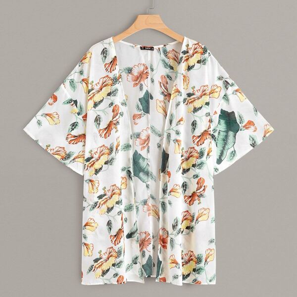 

Plus Drop Sleeve Botanical Print Kimono, Multicolor
