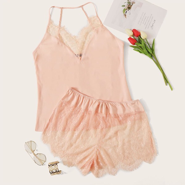 

Plus Eyelash Lace Trim Cami & Shorts PJ Set, Pink