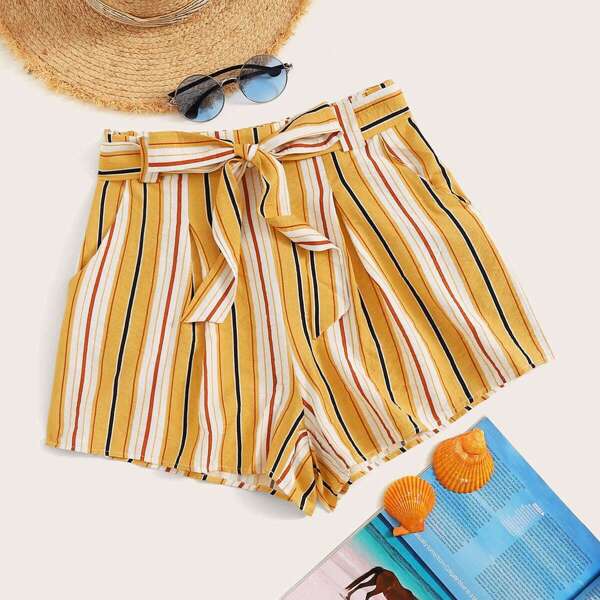 

Striped Print Slant Pocket Belted Shorts, Yellow