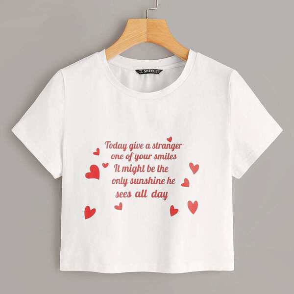 

Slogan and Heart Print Crop Tee