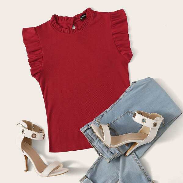 

Mock Neck Ruffle Armhole Rib-knit Top