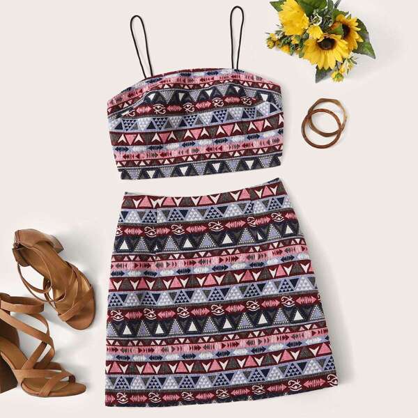 

Aztec Print Cami Top and High Waist Skirt Set, Multicolor