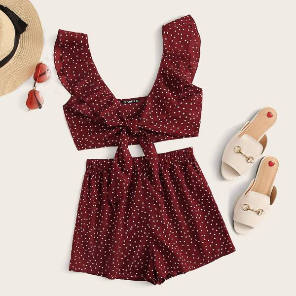 

Tie Front Ruffle Trim Crop Top & Shorts Set