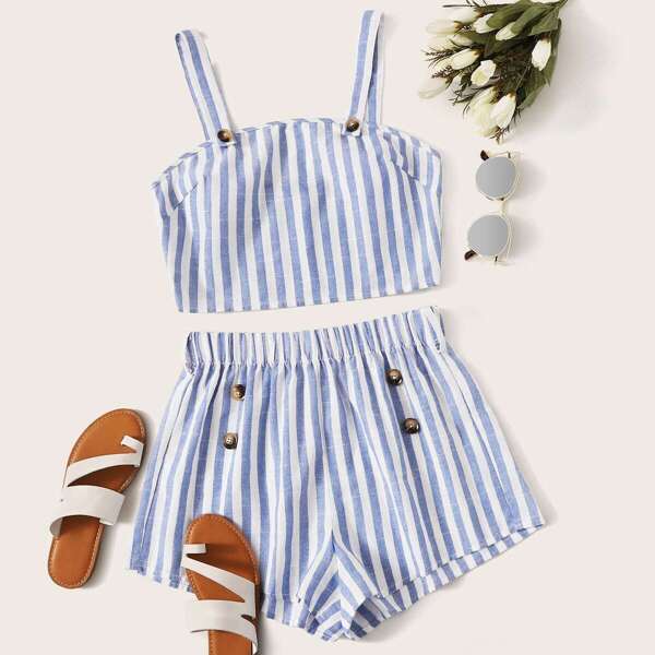 

Striped Tank Top & Buttoned Detail Shorts Set