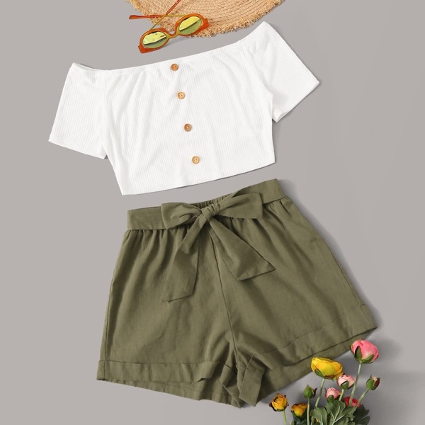 

Off Shoulder Buttoned Top & Belted Shorts Set, Multicolor