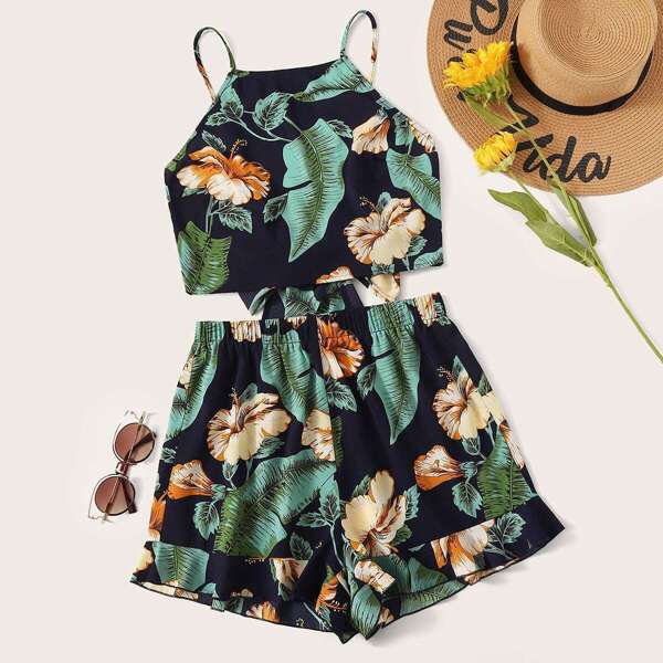 

Tropical Print Tie Back Cami Top & Ruffle Hem Shorts Set, Multicolor