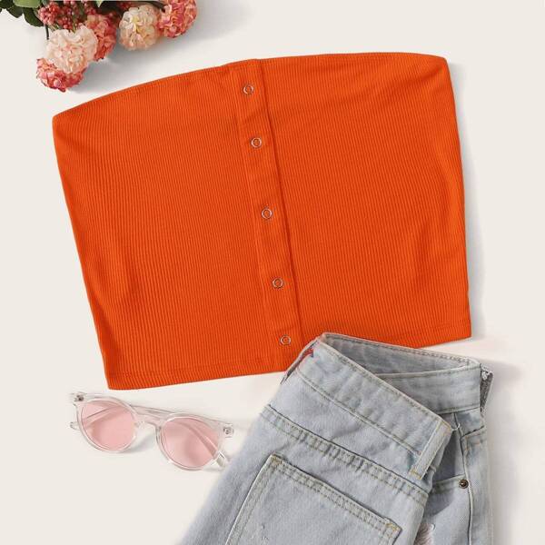 

Neon Orange Snap Button Front Ribbed Bandeau Top