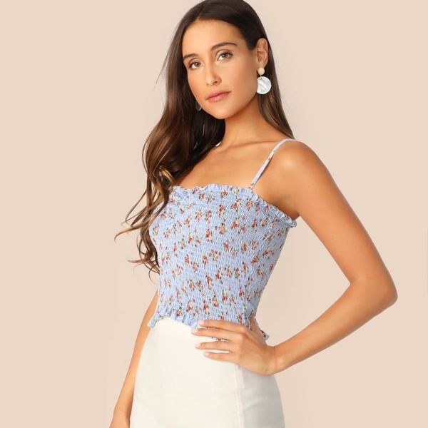 

Ditsy Floral Ruched Front Shirred Cami Top, Blue