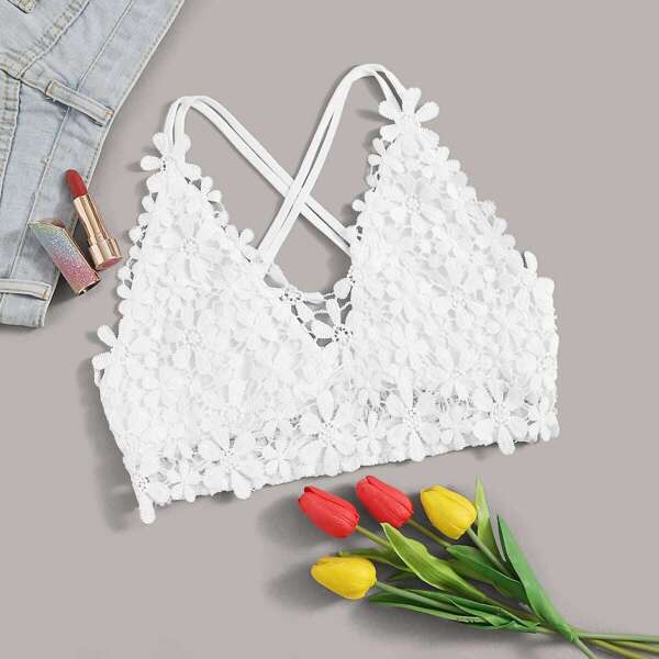 

Crisscross Back Guipure Lace Cami Crop Top