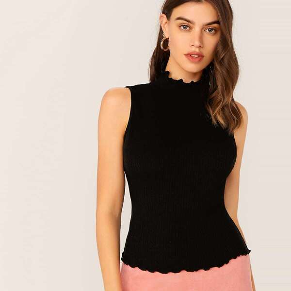 

Mock Neck Rib-knit Lettuce Trim Top, Black