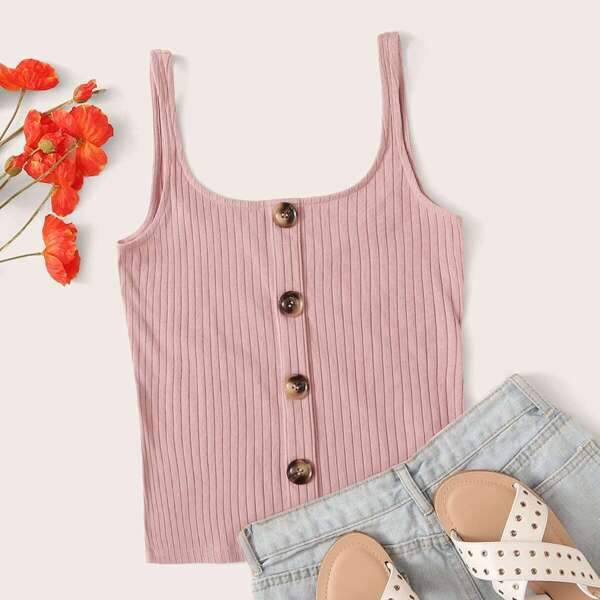 

Plus Button Front Rib-knit Tank Top, Pink pastel
