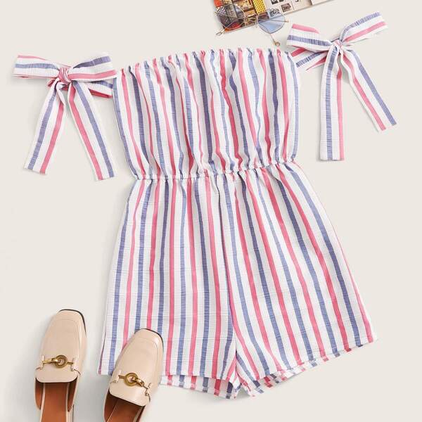 

Multi-Stripe Off Shoulder Knot Playsuit