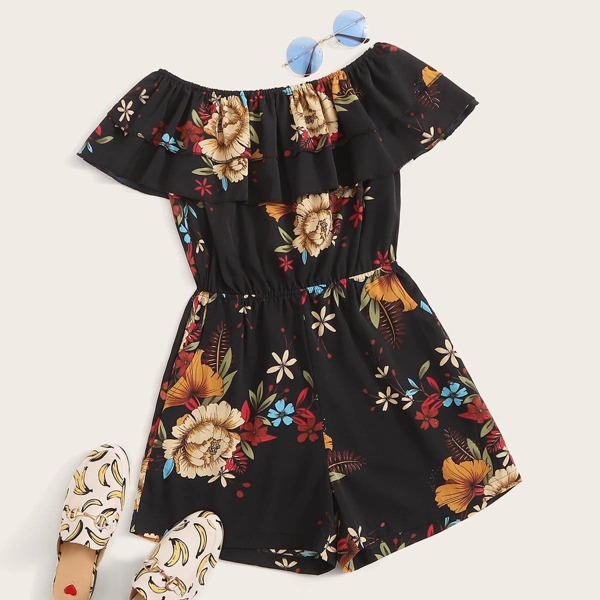 

Floral Print Ruffle Trim Off Shoulder Playsuit