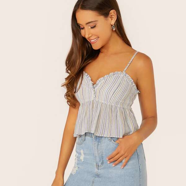 

Ruffle Trim Peplum Hem Stripe Crop Tank Top, Multicolor