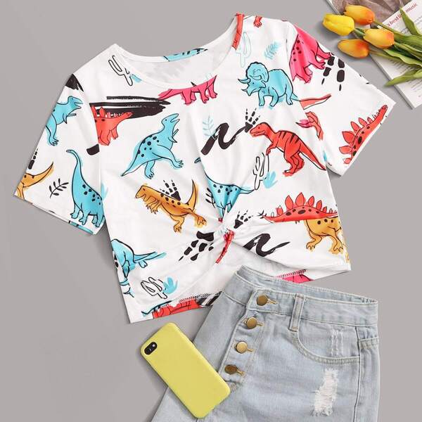 

Dinosaur Print Twist Hem Crop Tee, Multicolor