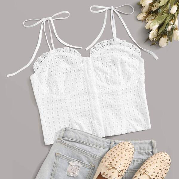 

Eyelet Embroidery Button Front Cami Top