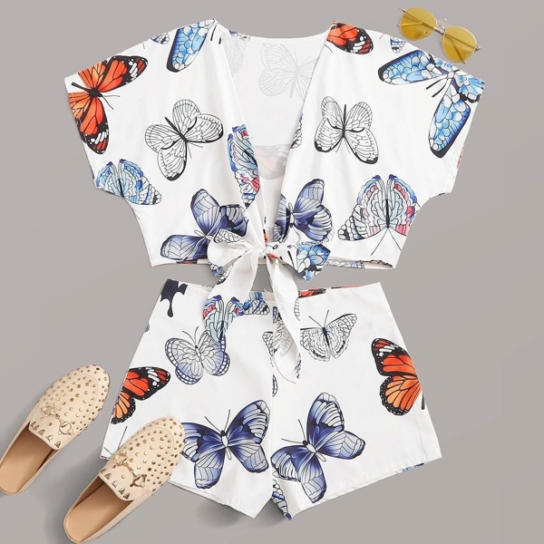 

Butterfly Print Tie Front Top With Shorts