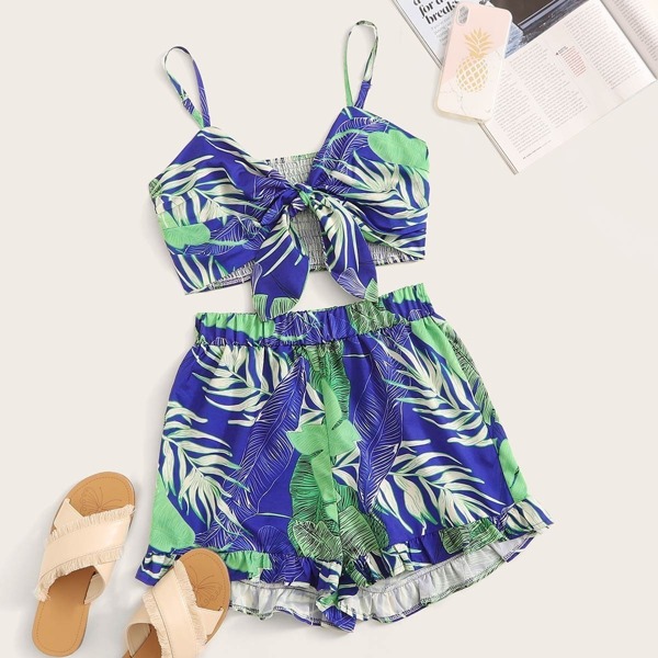 

Tropical Tie Front Shirred Cami Top With Ruffle Hem Shorts