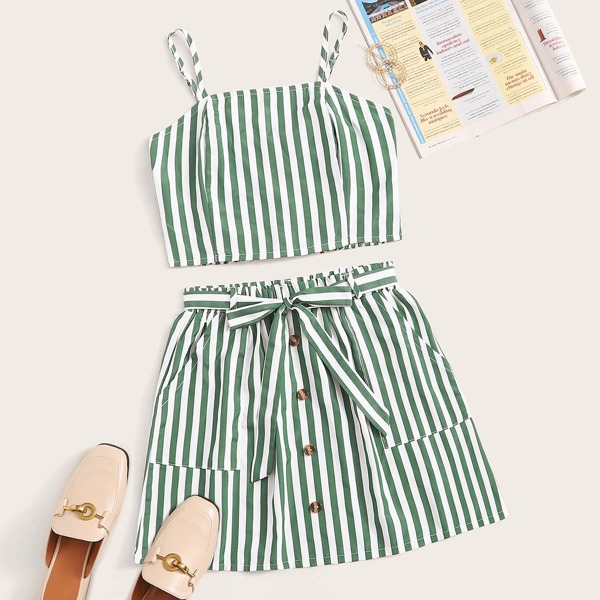 

Striped Shirred Cami Top With Button Front Belted Skirt