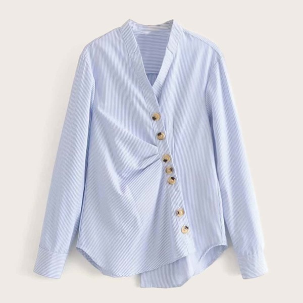 

Striped Print Oblique Button Blouse, Blue