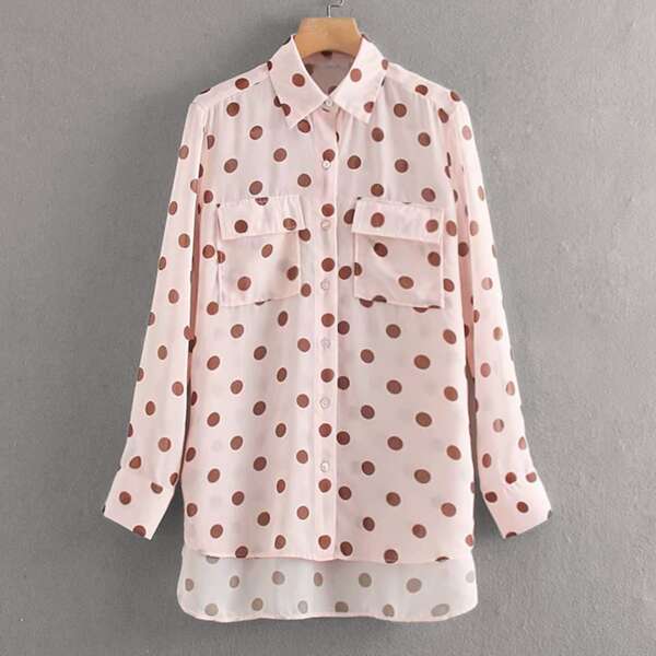 

Polka Dot Print Button Front Dip Hem Blouse