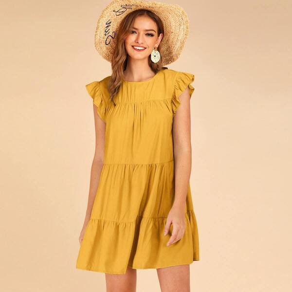 

Solid Butterfly Sleeve Babydoll Dress, Yellow