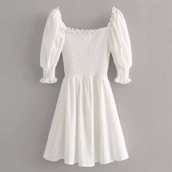 

Lettuce Frill Trim Shirred Puff Sleeve Dress