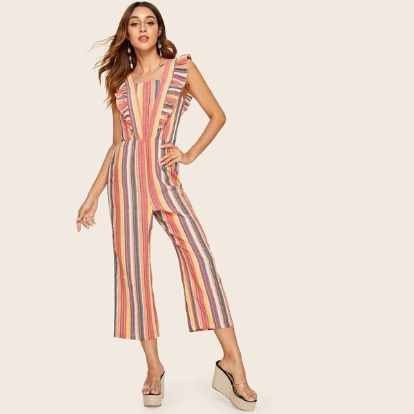 

Striped Print Butterfly Sleeve Jumpsuit, Multicolor