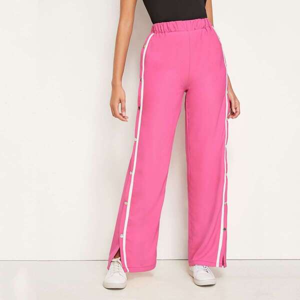 

Side Striped Button Wide Leg Pants