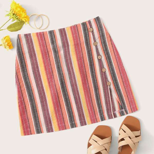 

Colorful Striped Print Button Split Hem Skirt, Multicolor