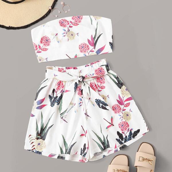 

Floral Print Shirred Back Tube Top With Belted Shorts, White