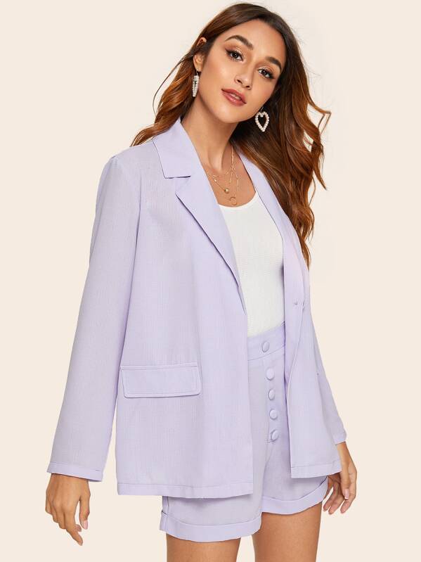 

Single Button Flap Pocket Blazer With Rolled Hem Shorts, Purple, Gabi B