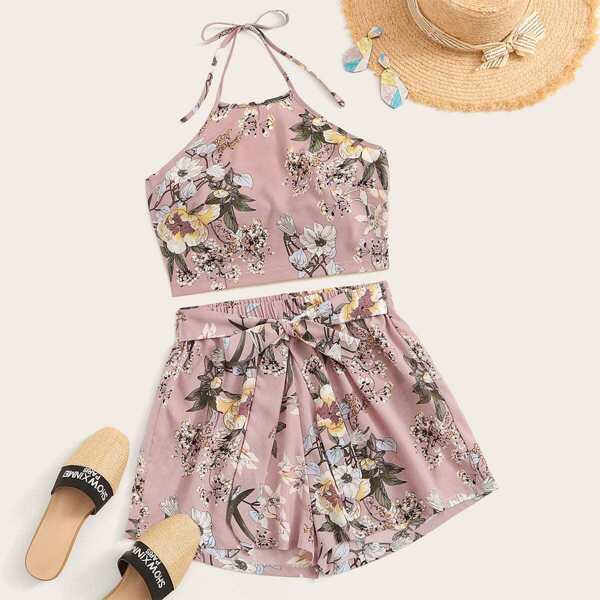 

Floral Print Tie Back Halter Top With Belted Shorts