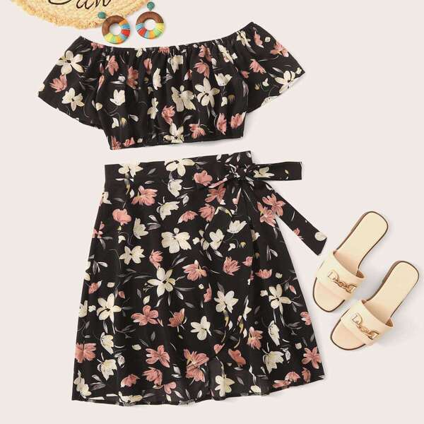 

Floral Print Bardot Top With Knot Side Wrap Skirt