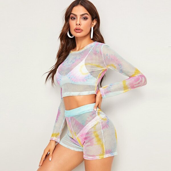 

Tie Dye Sheer Fishnet Crop Top With Shorts