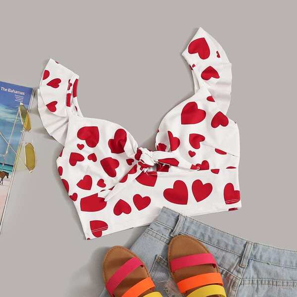 

Heart Print Ruffle Strap Knotted Top