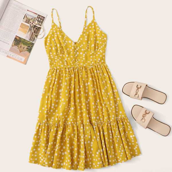 

Shirred Panel Back Covered Button Detail Cami Dress, Yellow