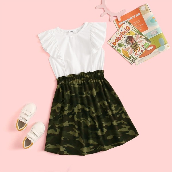 

Girls Ruffle Armhole Paperbag Waist Camo Combo Dress