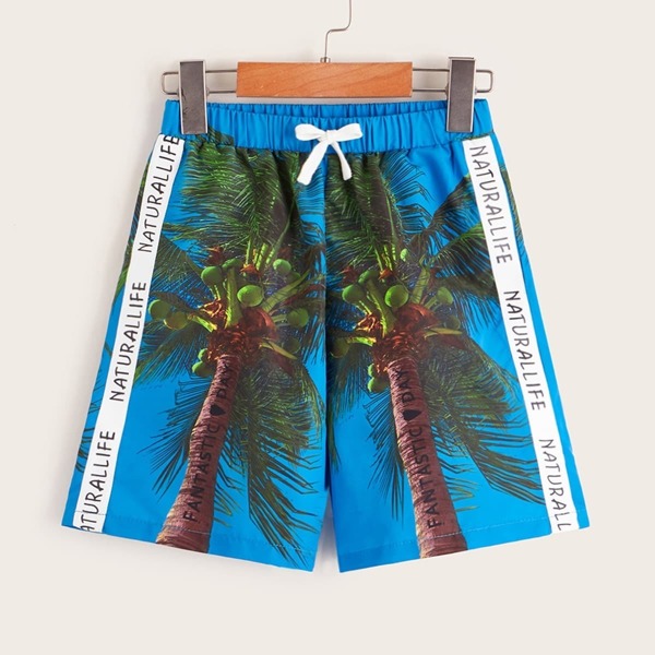 

Boys Letter Tape Side Coconut Tree Print Shorts, Multicolor