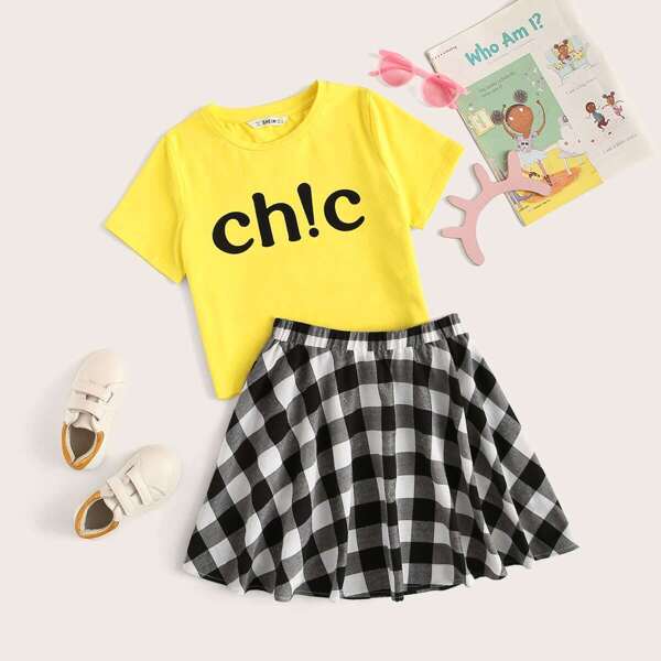 

Girls Letter Print Tee and Gingham Skater Skirt Set